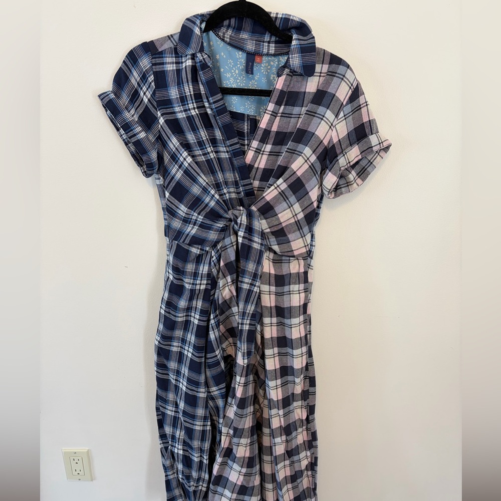 Two-Tone Plaid Tie-Front Dress in Navy & Pink
